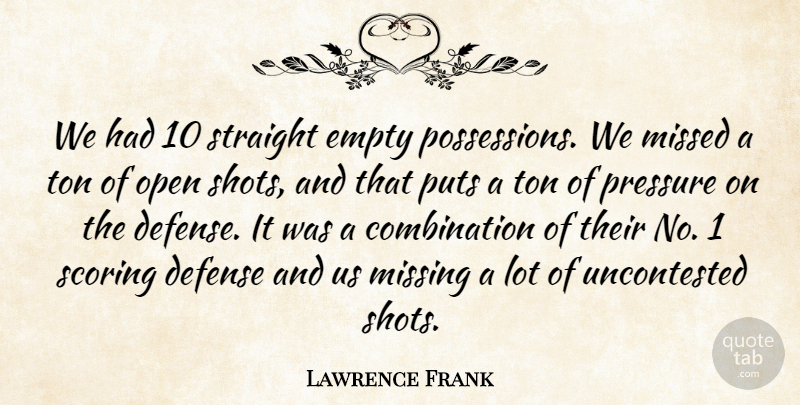 Lawrence Frank Quote About Defense, Empty, Missed, Missing, Open: We Had 10 Straight Empty...