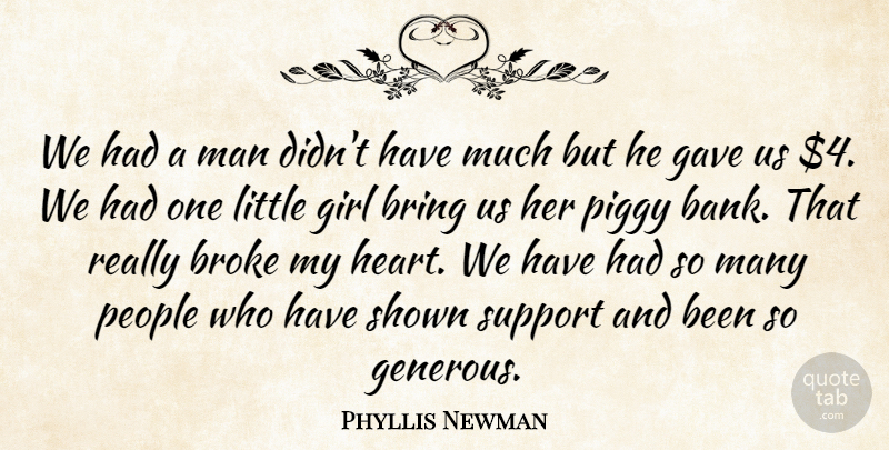 Phyllis Newman Quote About Bring, Broke, Gave, Girl, Man: We Had A Man Didnt...