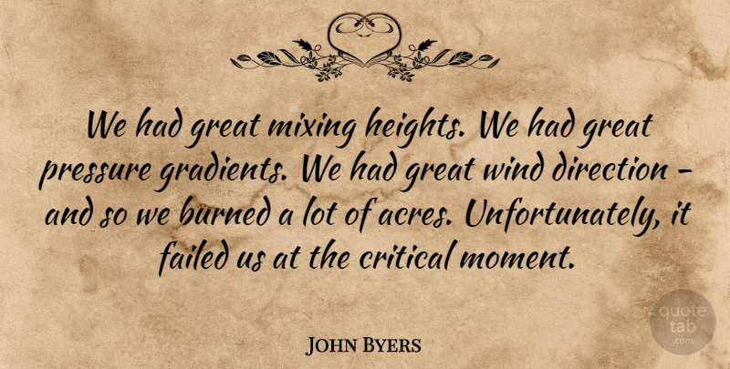 John Byers Quote About Burned, Critical, Direction, Failed, Great: We Had Great Mixing Heights...