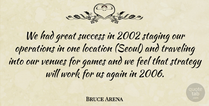 Bruce Arena Quote About Again, Games, Great, Location, Operations: We Had Great Success In...