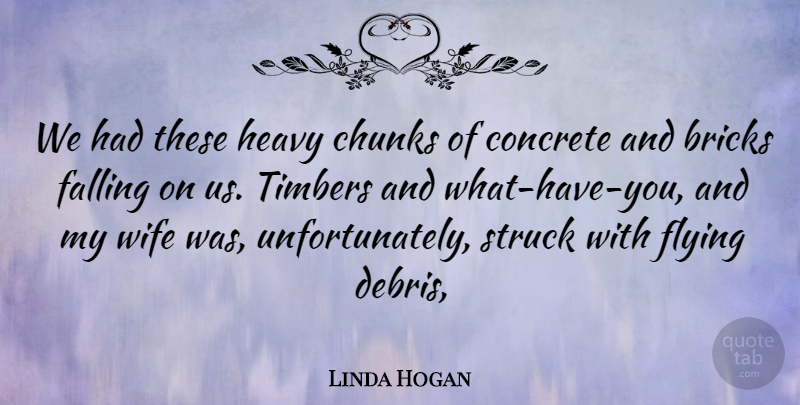 Linda Hogan Quote About Bricks, Chunks, Concrete, Falling, Flying: We Had These Heavy Chunks...