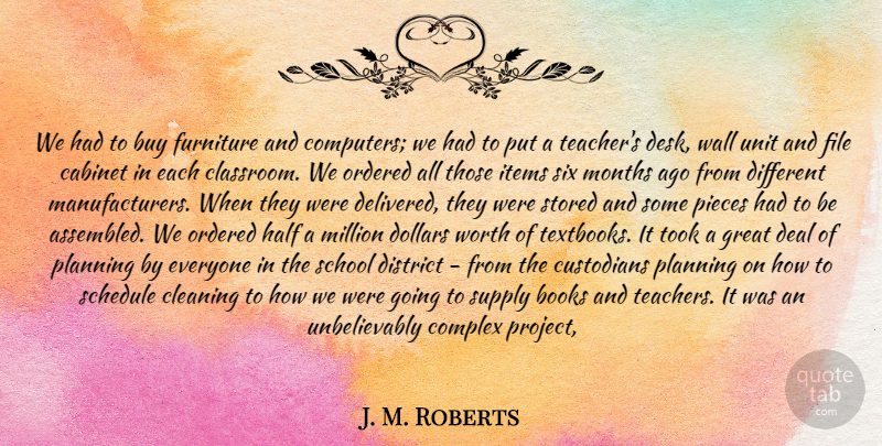 J. M. Roberts Quote About Books, Buy, Cabinet, Cleaning, Complex: We Had To Buy Furniture...