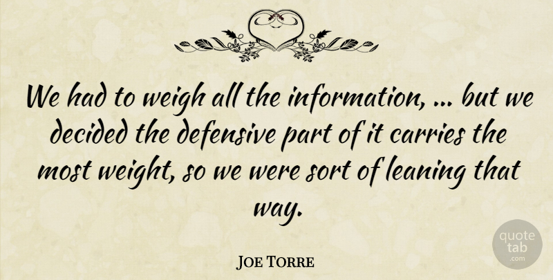 Joe Torre Quote About Carries, Decided, Defensive, Leaning, Sort: We Had To Weigh All...