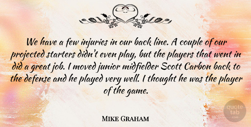 Mike Graham Quote About Carbon, Couple, Defense, Few, Great: We Have A Few Injuries...