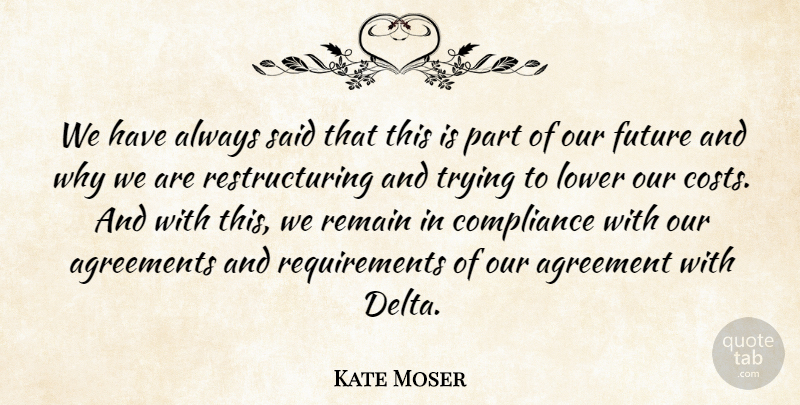 Kate Moser Quote About Agreements, Compliance, Future, Lower, Remain: We Have Always Said That...