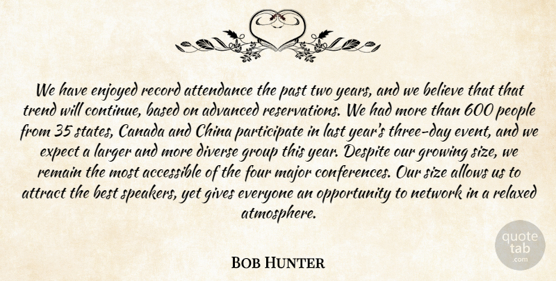 Bob Hunter Quote About Accessible, Advanced, Attendance, Attract, Based: We Have Enjoyed Record Attendance...