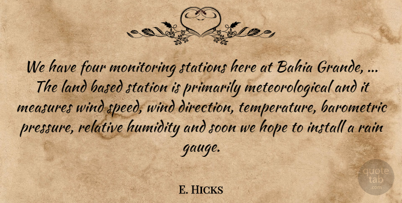 E. Hicks Quote About Based, Four, Hope, Install, Land: We Have Four Monitoring Stations...