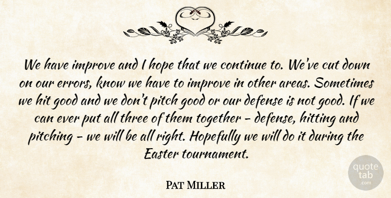 Pat Miller Quote About Continue, Cut, Defense, Easter, Good: We Have Improve And I...