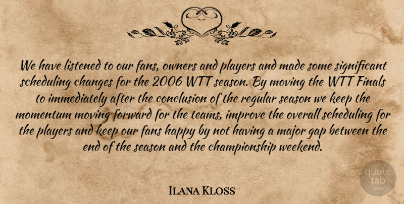 Ilana Kloss Quote About Changes, Conclusion, Fans, Finals, Forward: We Have Listened To Our...