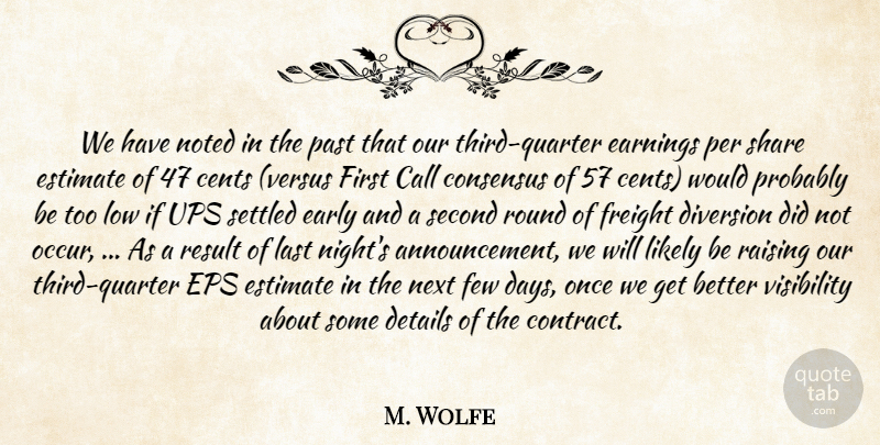 M. Wolfe Quote About Call, Cents, Consensus, Details, Diversion: We Have Noted In The...