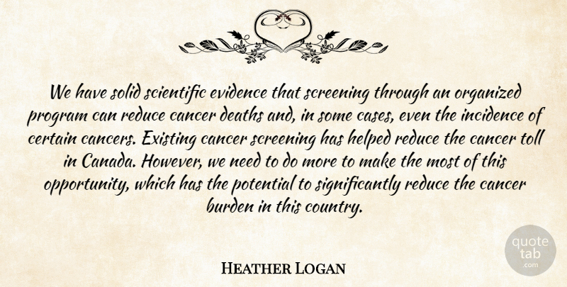 Heather Logan Quote About Burden, Cancer, Certain, Deaths, Evidence: We Have Solid Scientific Evidence...