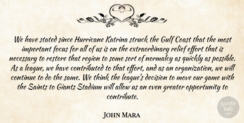 John Mara Quote About Allow, Coast, Continue, Decision, Effort: We Have Stated Since Hurricane...