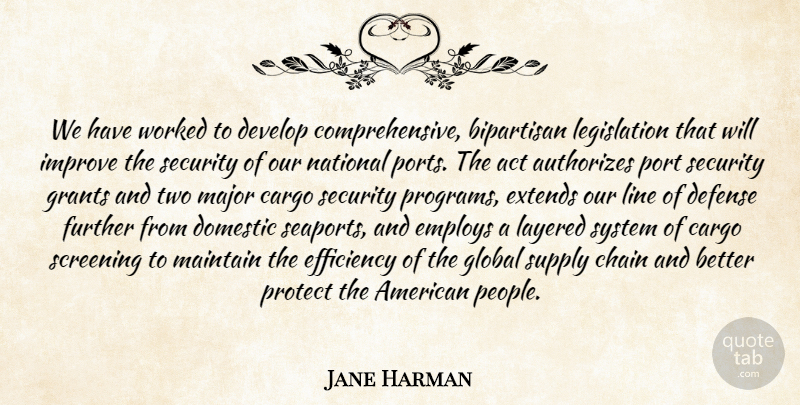 Jane Harman Quote About Act, Bipartisan, Chain, Defense, Develop: We Have Worked To Develop...