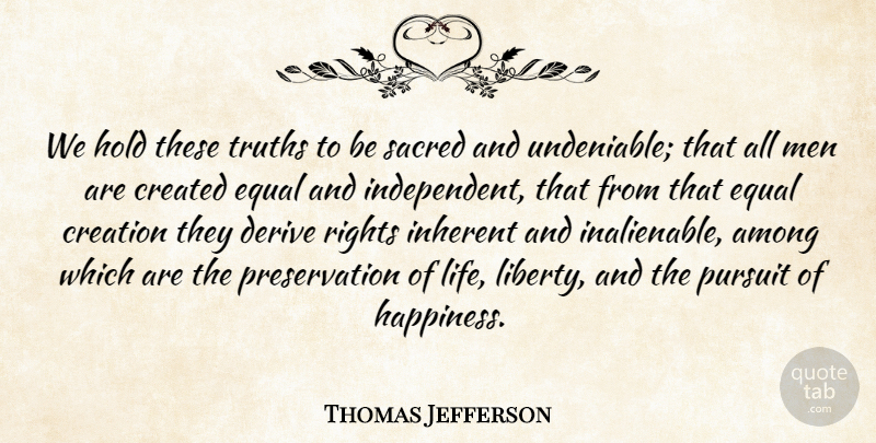 Thomas Jefferson Quote About Among, Created, Creation, Derive, Equal: We Hold These Truths To...