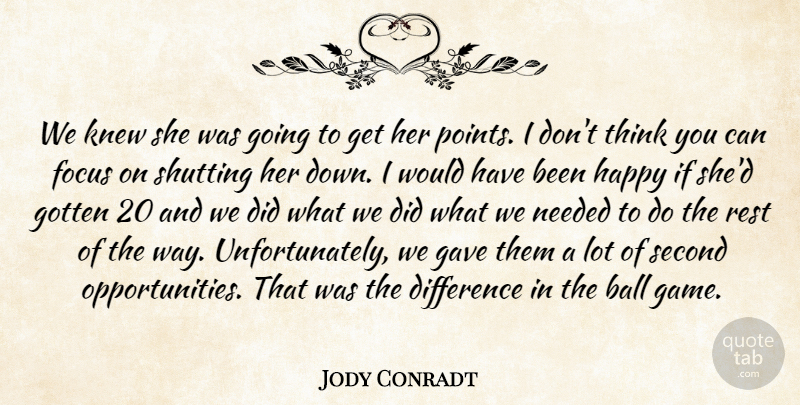 Jody Conradt Quote About Ball, Difference, Focus, Gave, Gotten: We Knew She Was Going...