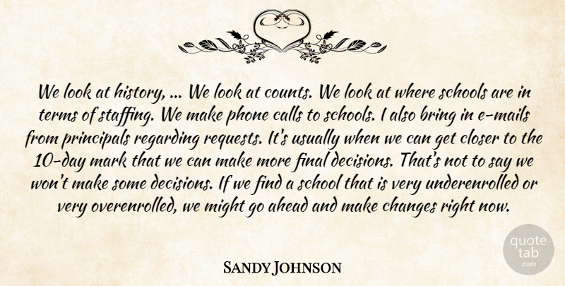 Sandy Johnson Quote About Ahead, Bring, Calls, Changes, Closer: We Look At History We...