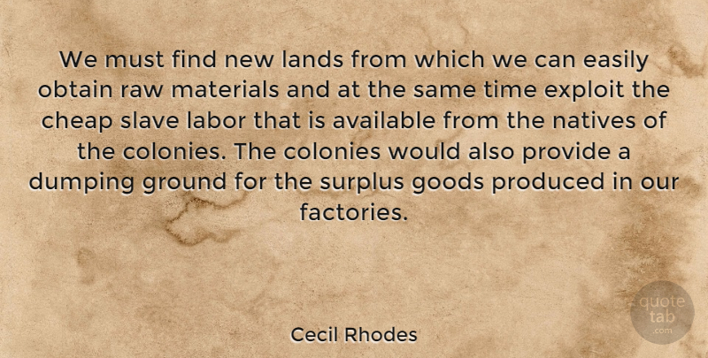 Cecil Rhodes Quote About Slave Labor, Land, Raw Materials: We Must Find New Lands...