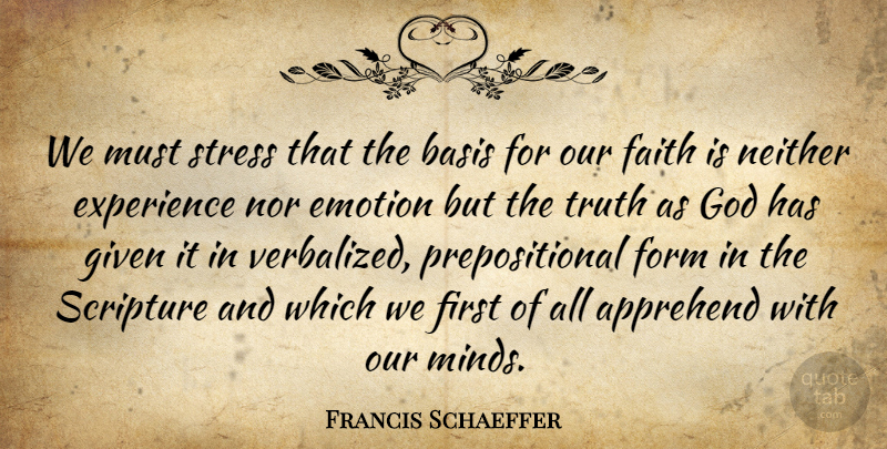 Francis Schaeffer Quote About Stress, Mind, Scripture: We Must Stress That The...