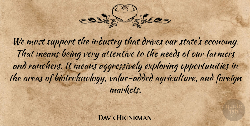 Dave Heineman Quote About Areas, Attentive, Drives, Exploring, Farmers: We Must Support The Industry...
