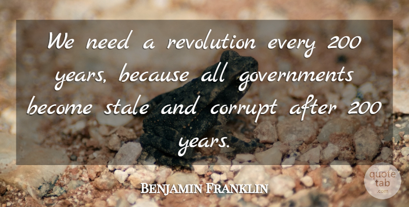Benjamin Franklin Quote About Years, Government, Revolution: We Need A Revolution Every...
