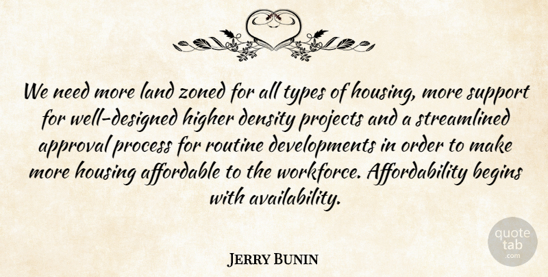 Jerry Bunin Quote About Affordable, Approval, Begins, Density, Higher: We Need More Land Zoned...
