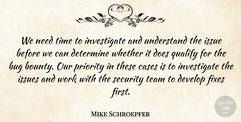 Mike Schroepfer Quote About Bug, Cases, Determine, Develop, Issue: We Need Time To Investigate...