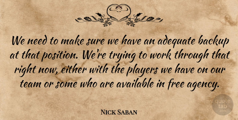 Nick Saban Quote About Adequate, Available, Backup, Either, Free: We Need To Make Sure...