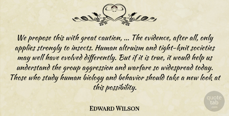 Edward Wilson Quote About Aggression, Altruism, Applies, Behavior, Biology: We Propose This With Great...