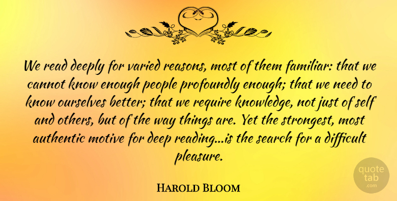 Harold Bloom Quote About Reading, Knowledge, Self: We Read Deeply For Varied...