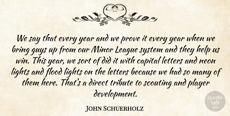 John Schuerholz Quote About Bring, Capital, Direct, Flood, Guys: We Say That Every Year...