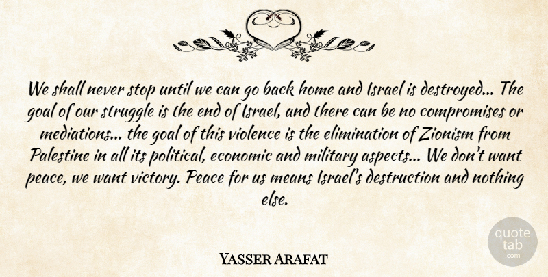 Yasser Arafat Quote About Military, Struggle, Home: We Shall Never Stop Until...