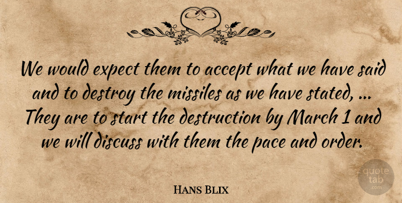 Hans Blix Quote About Accept, Destroy, Discuss, Expect, March: We Would Expect Them To...