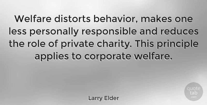 Larry Elder Quote About Roles, Charity, Principles: Welfare Distorts Behavior Makes One...