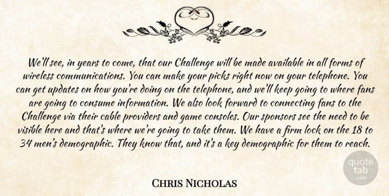Chris Nicholas Quote About Available, Cable, Challenge, Connecting, Consume: Well See In Years To...