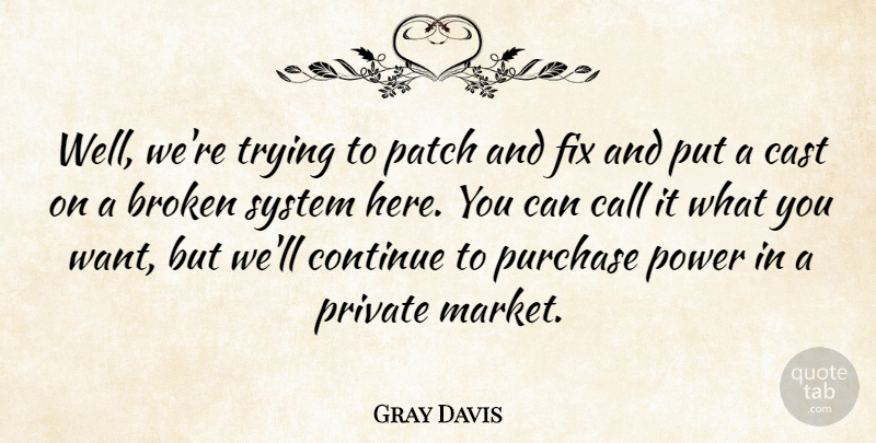 Gray Davis Quote About Broken, Call, Cast, Continue, Fix: Well Were Trying To Patch...