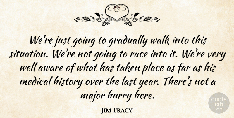 Jim Tracy Quote About Aware, Far, Gradually, History, Hurry: Were Just Going To Gradually...