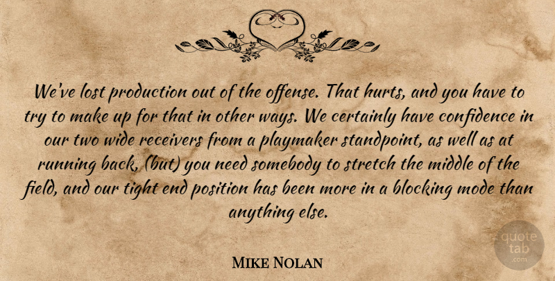 Mike Nolan Quote About Blocking, Certainly, Confidence, Lost, Middle: Weve Lost Production Out Of...