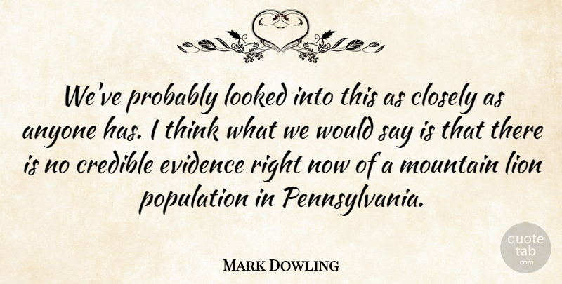 Mark Dowling Quote About Anyone, Closely, Credible, Evidence, Lion: Weve Probably Looked Into This...