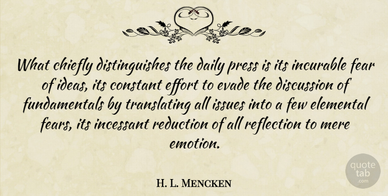 H. L. Mencken Quote About Fear, Reflection, Ideas: What Chiefly Distinguishes The Daily...