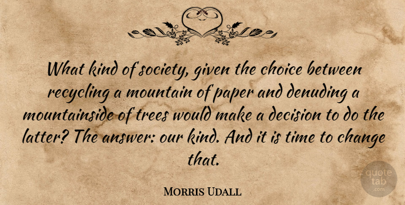 Morris Udall Quote About Change, Choice, Decision, Given, Mountain: What Kind Of Society Given...