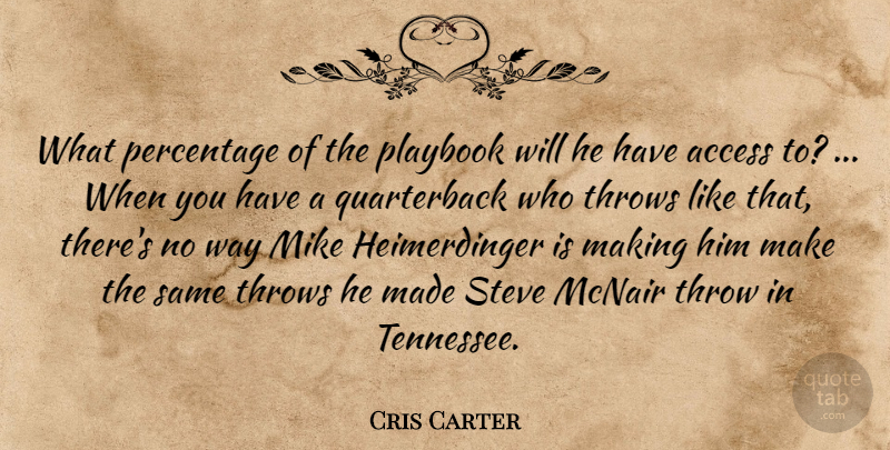 Cris Carter Quote About Access, Mike, Percentage, Steve, Throws: What Percentage Of The Playbook...