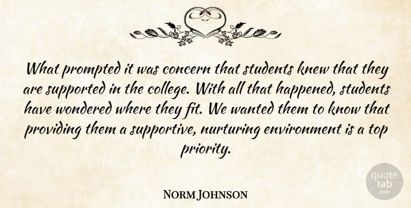 Norm Johnson Quote About College, Concern, Environment, Knew, Nurturing: What Prompted It Was Concern...