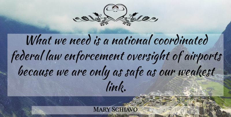 Mary Schiavo Quote About Federal, Law, National, Oversight, Safe: What We Need Is A...