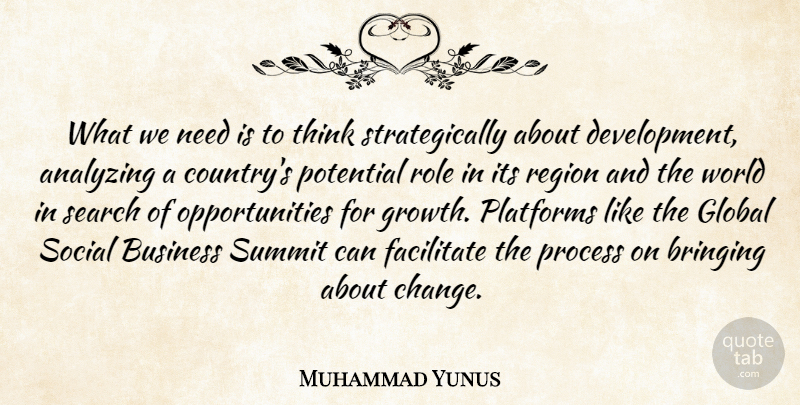 Muhammad Yunus Quote About Analyzing, Bringing, Business, Change, Facilitate: What We Need Is To...