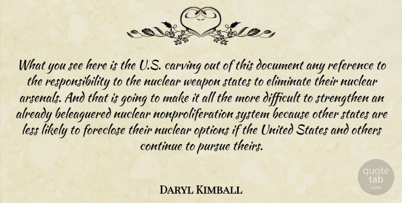 Daryl Kimball Quote About Carving, Continue, Difficult, Document, Eliminate: What You See Here Is...