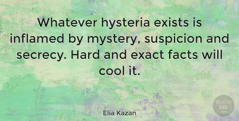 Elia Kazan Quote About Hysteria, Facts, Mystery: Whatever Hysteria Exists Is Inflamed...