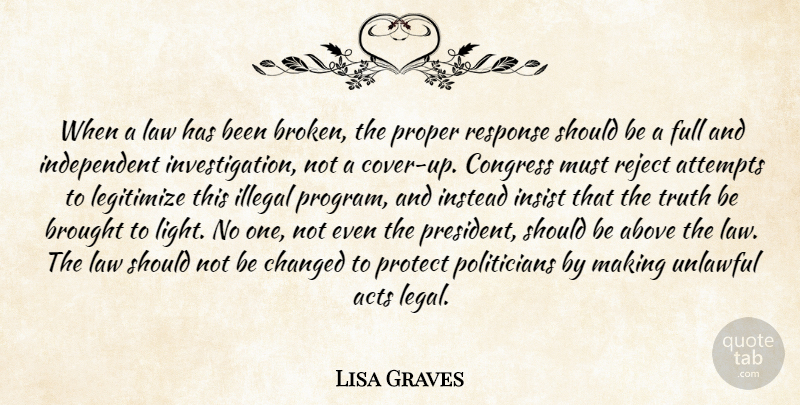 Lisa Graves Quote About Above, Acts, Attempts, Brought, Changed: When A Law Has Been...