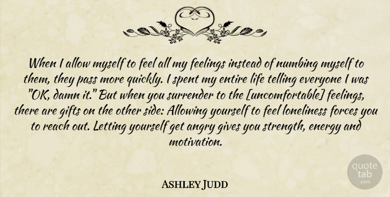 Ashley Judd Quote About Motivation, Loneliness, Uncomfortable Feeling: When I Allow Myself To...