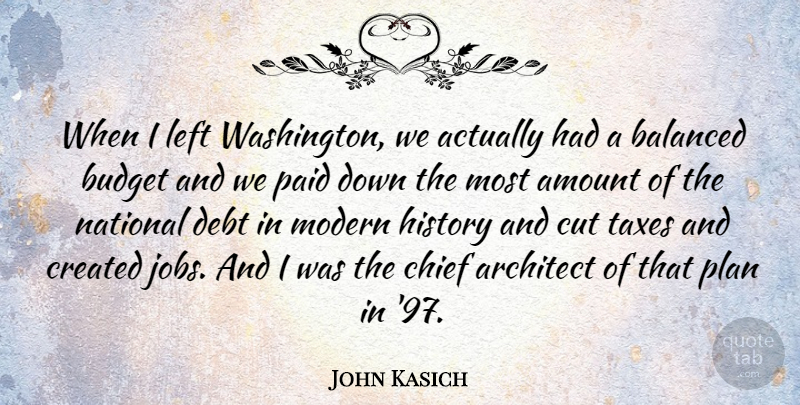 John Kasich Quote About Amount, Architect, Balanced, Chief, Created: When I Left Washington We...