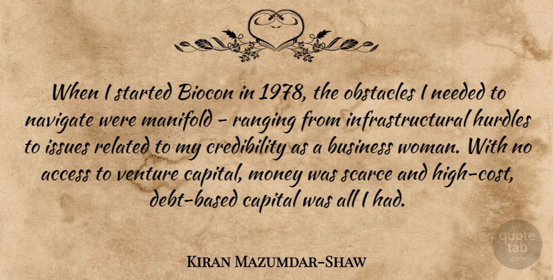 Kiran Mazumdar-Shaw Quote About Access, Business, Capital, Hurdles, Issues: When I Started Biocon In...